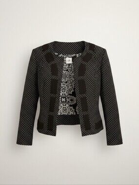 CAbi Mixed‑Print Polka Dot & Paisley Blazer – Ribbon Trim, 3/4 Sleeves Size 4